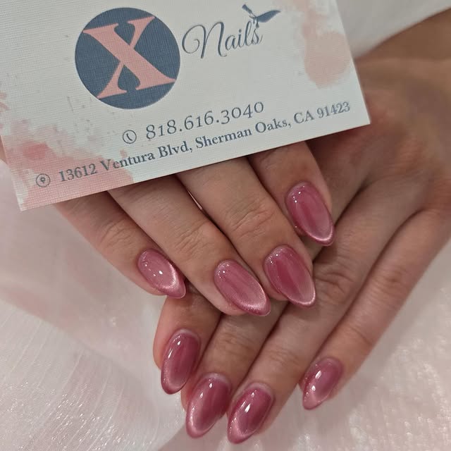 Glossy pink chrome gel manicure at X Nails in Sherman Oaks